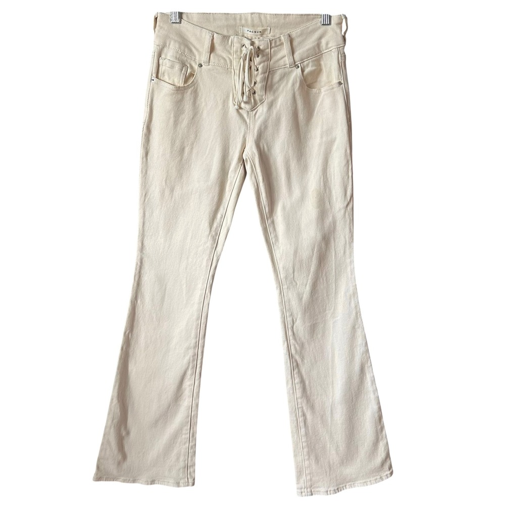 PacSun Stretch Low Rise Bootcut Jeans Cream Lace Up Front Size 27 Y2K Inspired